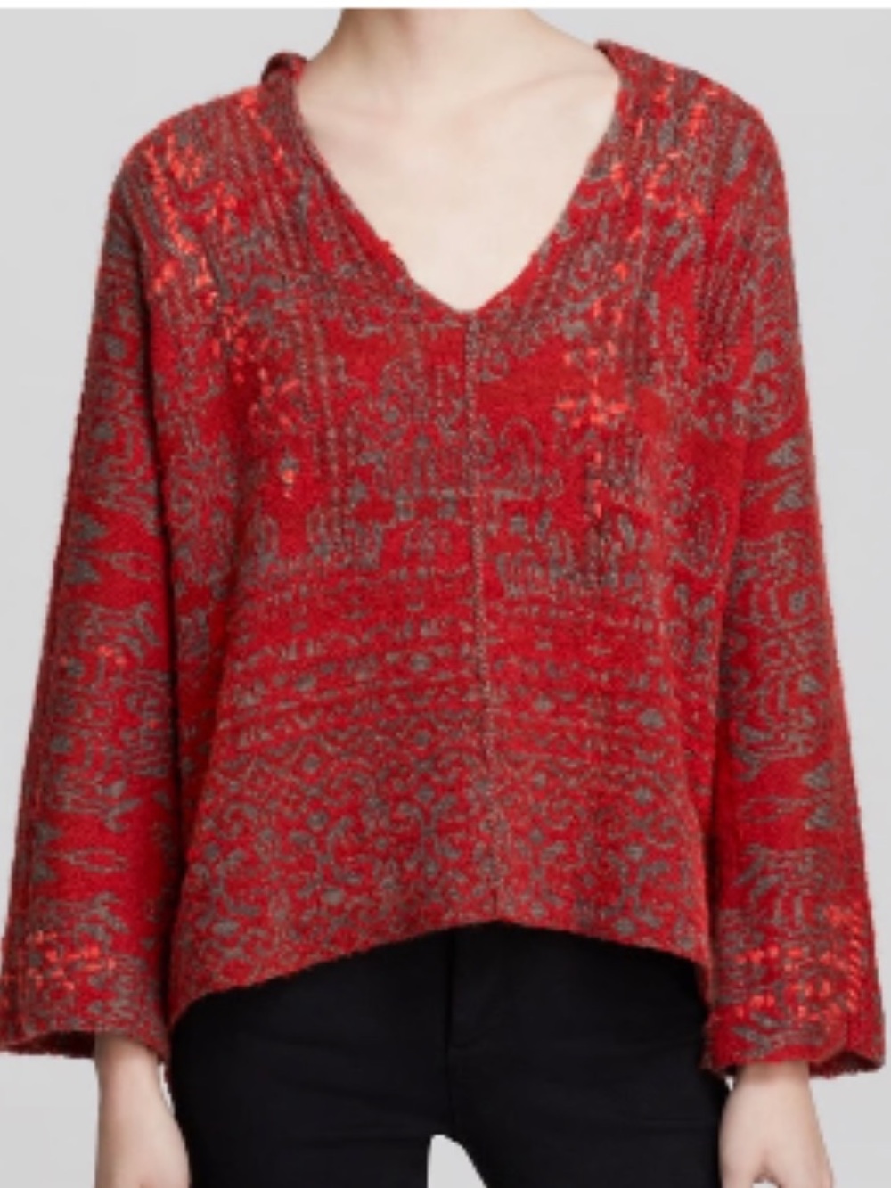 Free People Red and Gray Patterned Knit Sweater